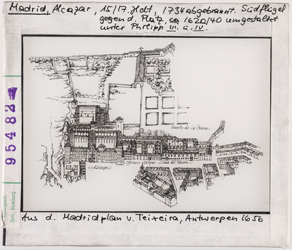 Vorschaubild Madrid, Alcázar: Südflügel gegen den Platz im 17. Jhd. 